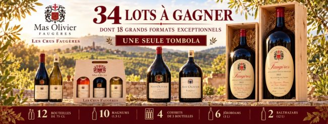 tombola-caritative-2026 Tombola caritative : 34 lots Mas Olivier Faugères à gagner, dont 18 grands formats : 12 bouteilles de 75 cl, 10 magnums, 4 coffrets de 3 bouteilles, 6 jéroboams et 2 balthazars