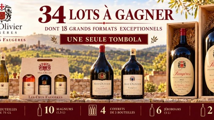 Tombola caritative : 34 lots Mas Olivier Faugères à gagner, dont 18 grands formats : 12 bouteilles de 75 cl, 10 magnums, 4 coffrets de 3 bouteilles, 6 jéroboams et 2 balthazars
