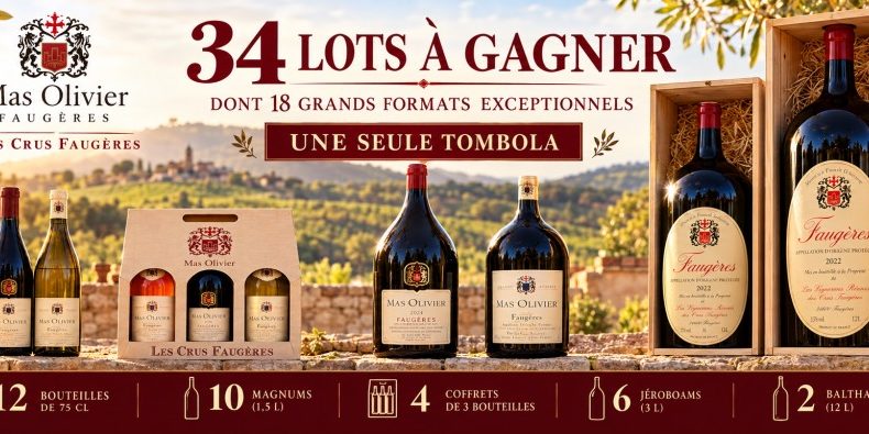 Tombola caritative : 34 lots Mas Olivier Faugères à gagner, dont 18 grands formats : 12 bouteilles de 75 cl, 10 magnums, 4 coffrets de 3 bouteilles, 6 jéroboams et 2 balthazars